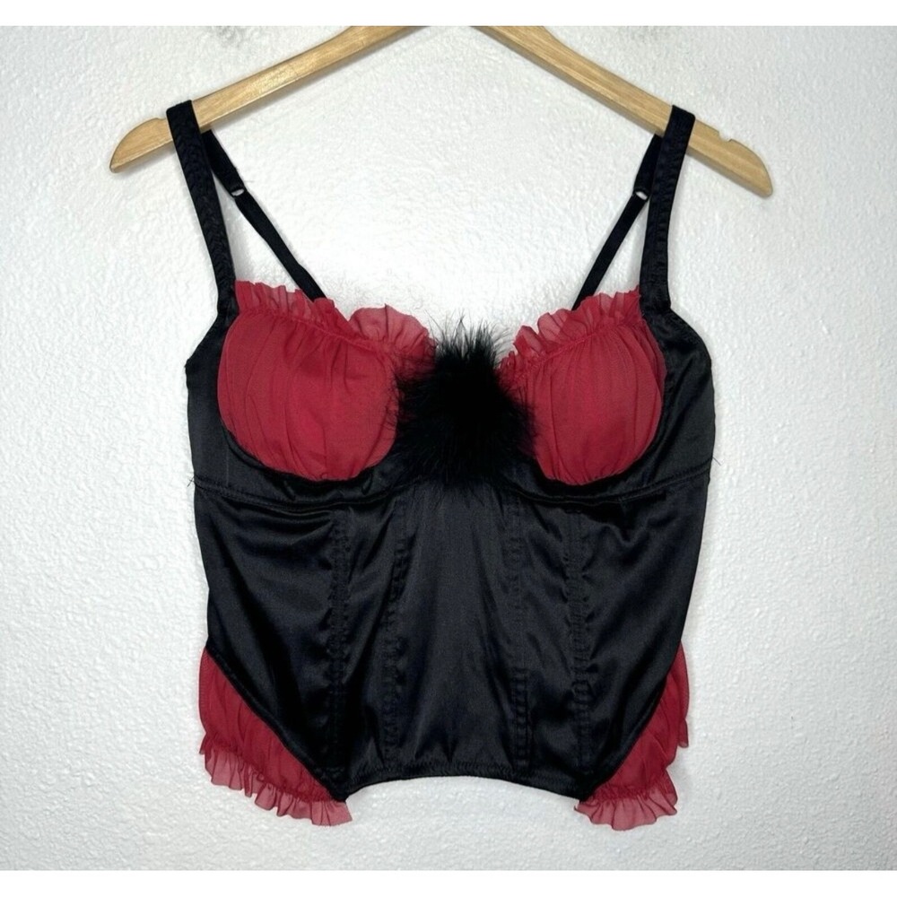 Delicates Black Red Corset Bustier Women's Large Black Red Pom Pom Satin Goth‎
